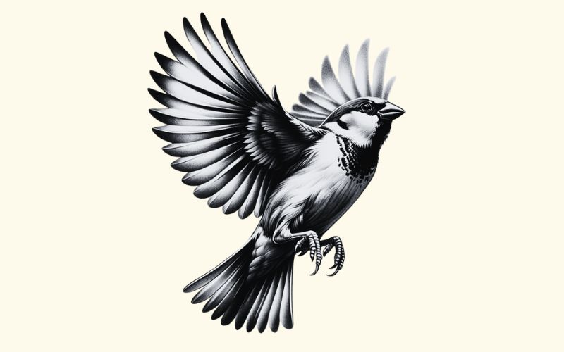 A realism style sparrow in flight tattoo design.