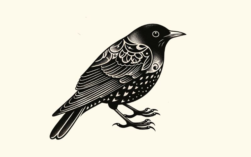 A blackwork style blackbird tattoo design.