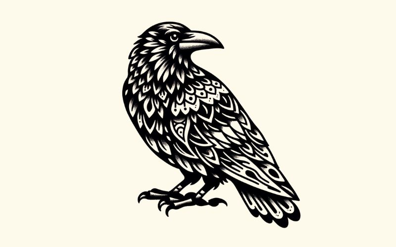 A blackwork style raven tattoo design.