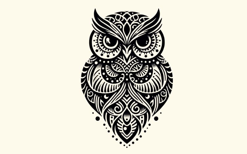 A blackwork style owl tattoo design.