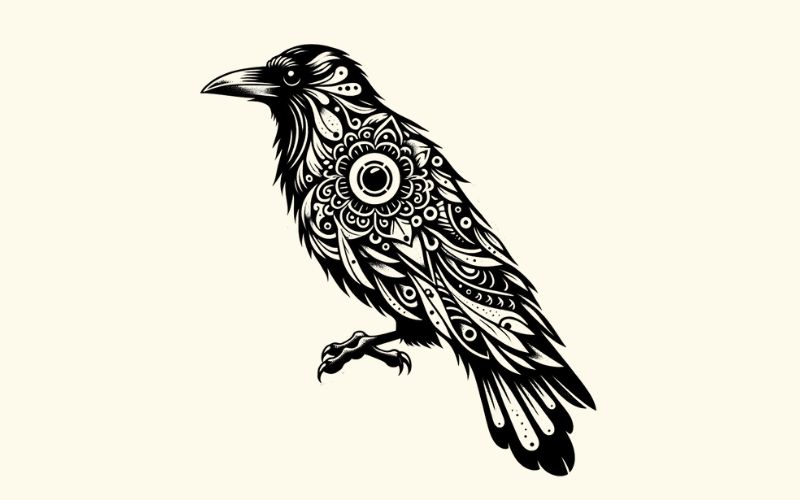 A blackwork style crow tattoo design.