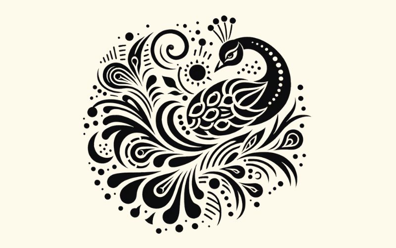 Un disegno del tatuaggio del pavone in stile blackwork.  