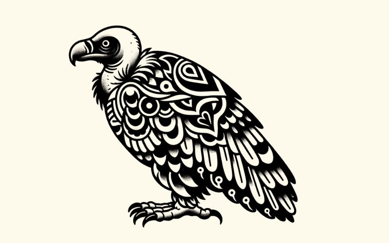 Un disegno del tatuaggio di un avvoltoio in stile blackwork.