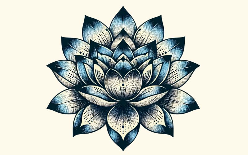 A dotwork style blue lotus tattoo design. 