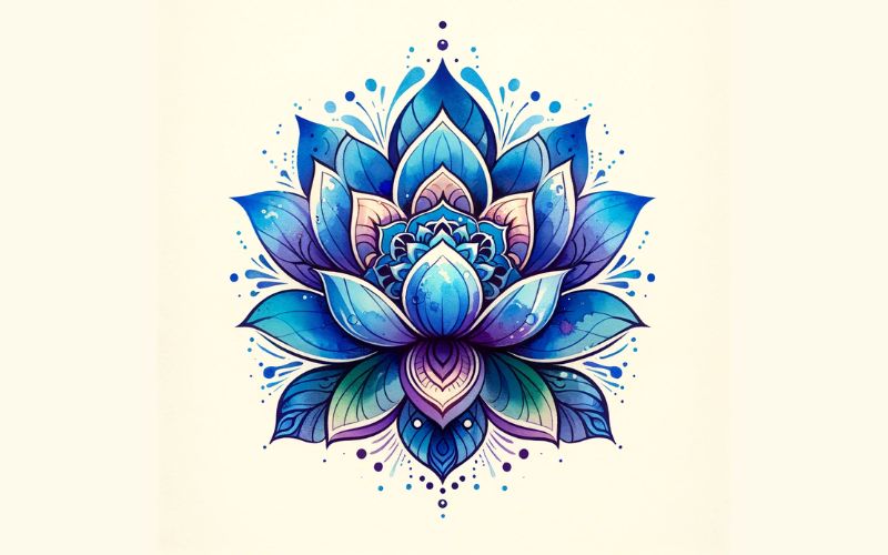 A blue watercolor style lotus mandala tattoo design. 