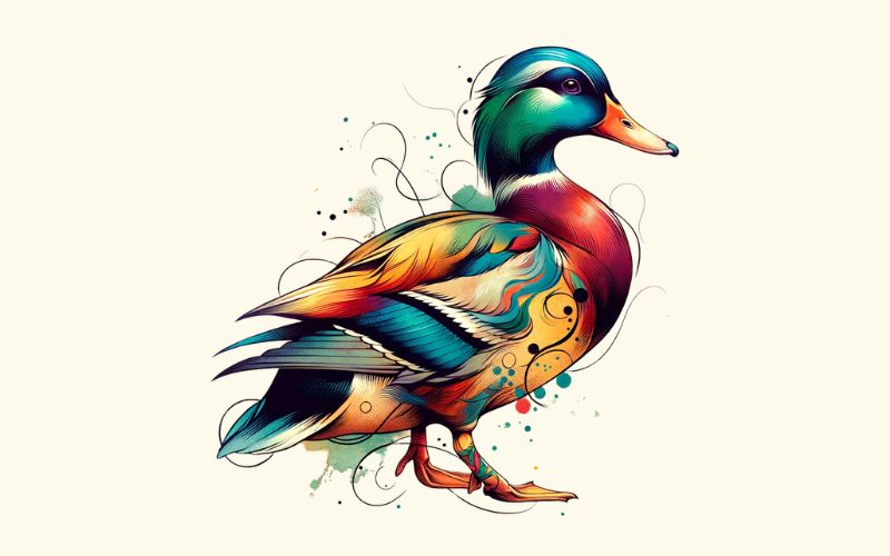 Un dessin de tatouage de canard de style aquarelle.