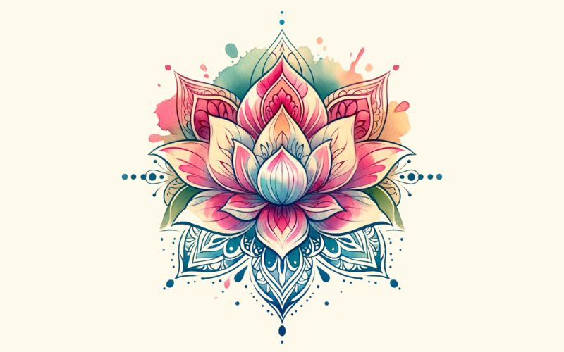 A watercolor style lotus mandala tattoo design. 
