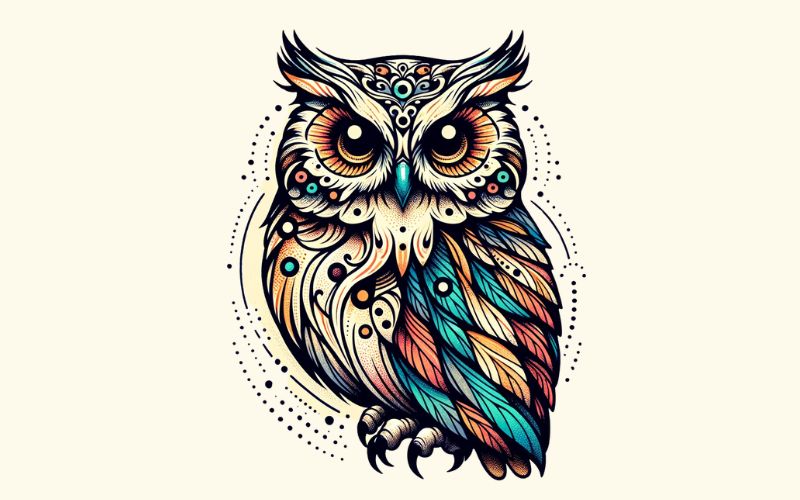 A watercolor style owl in flight tattoo design. 