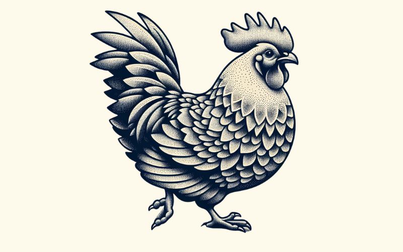 Un diseño de tatuaje de pollo estilo dotwork.  