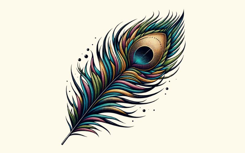 A dotwork style peacock feather tattoo design. 