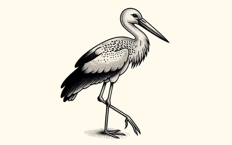 A dotwork style stork tattoo design.