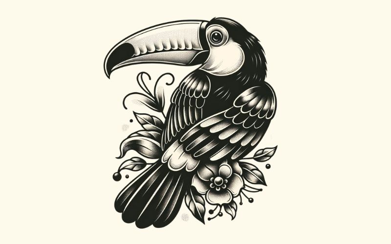 Un disegno del tatuaggio del tucano in stile dotwork.