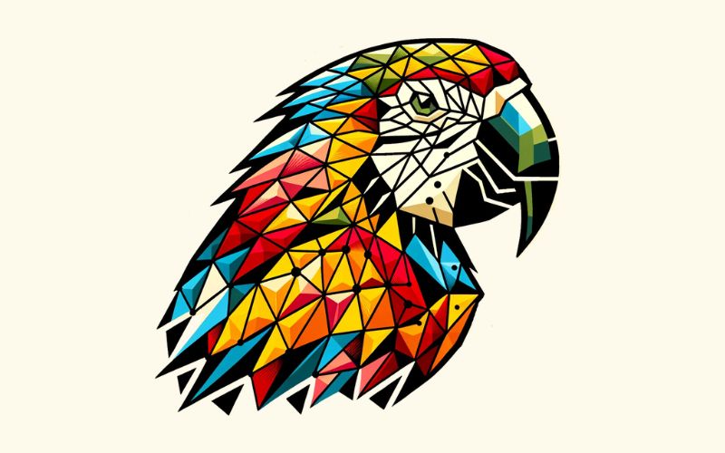 Um desenho de tatuagem de papagaio em estilo geométrico.