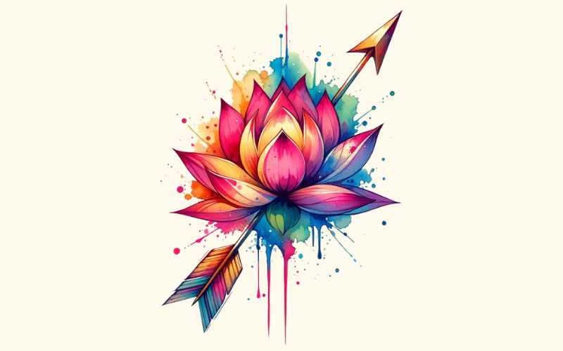 A watercolor style lotus arrow tattoo design. 
