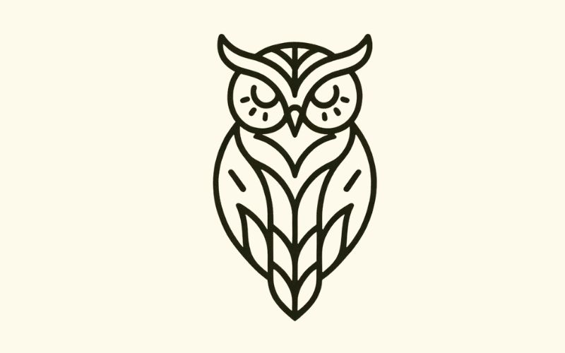 Um desenho de tatuagem de coruja em estilo minimalista.  