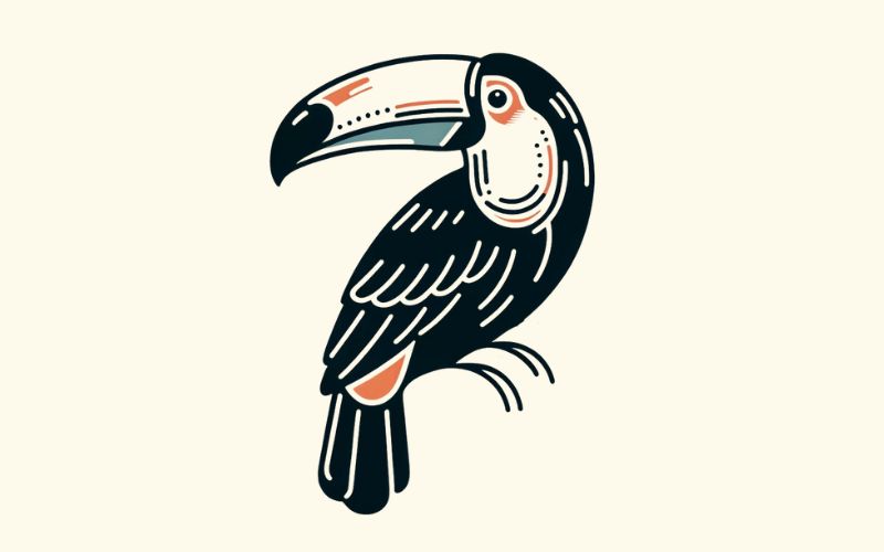 Un dessin de tatouage de toucan de style minimaliste.