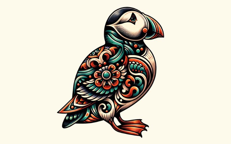 A neo-traditional style puffin tattoo design.