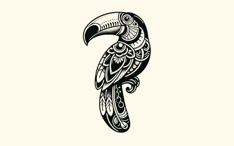 Un disegno del tatuaggio del tucano in stile neo-tradizionale.