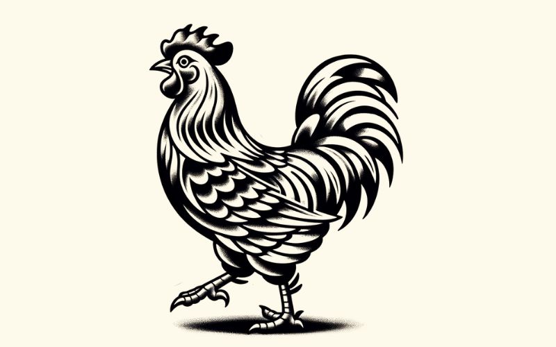 Un diseño de tatuaje de pollo al estilo de la vieja escuela.  