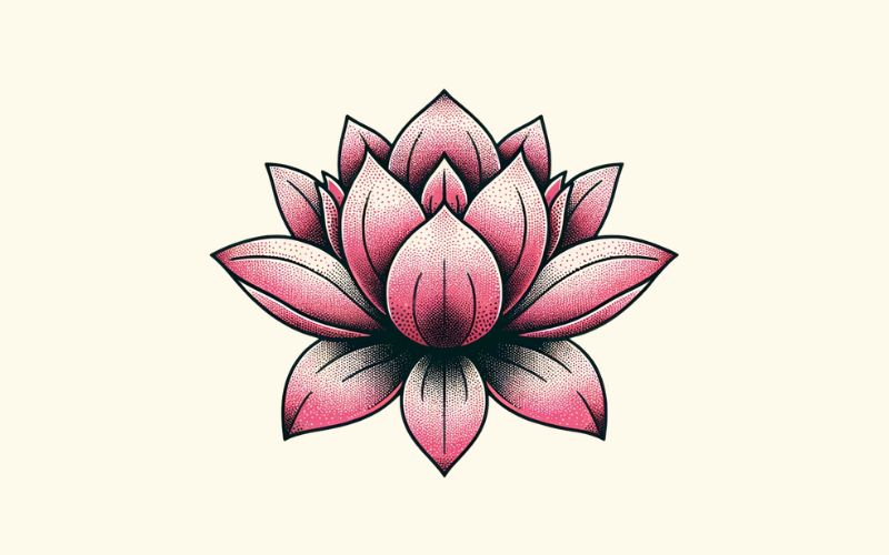 A dotwork style pink lotus tattoo design. 
