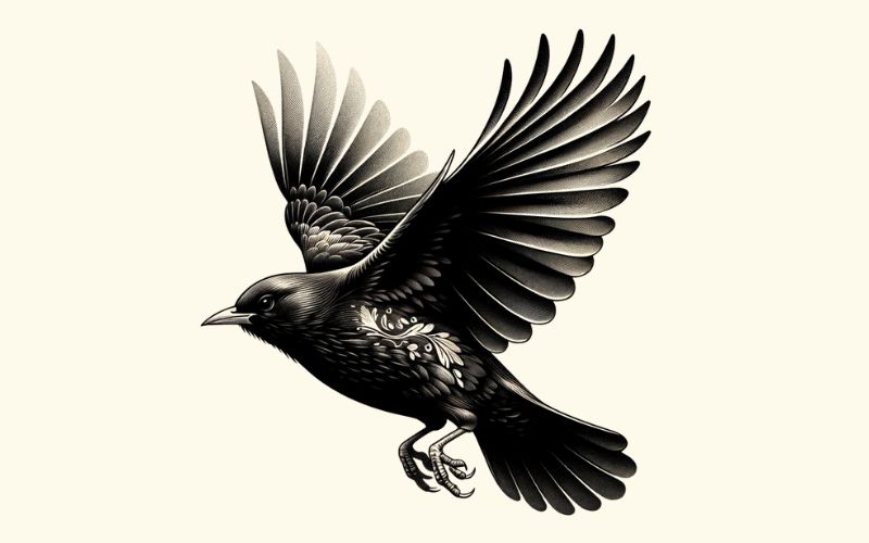 A realism style blackbird tattoo design.