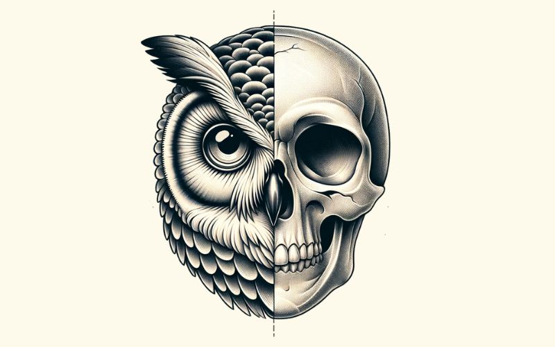 Une conception de tatouage de hibou et de crâne de style réaliste.  
