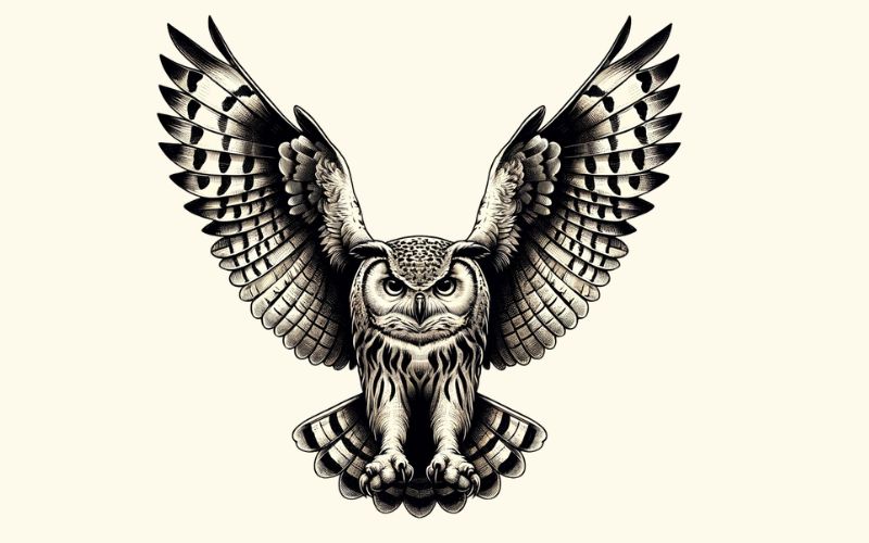 Um desenho de tatuagem de coruja em estilo realista.  