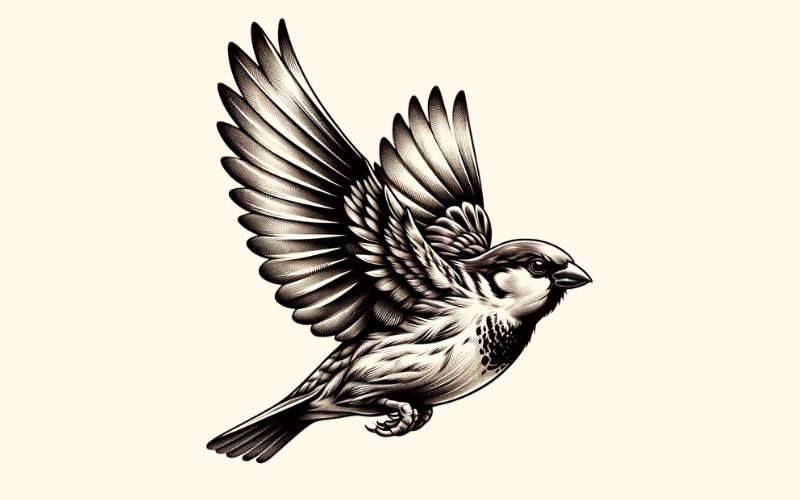 A realism style flying sparrow tattoo design.