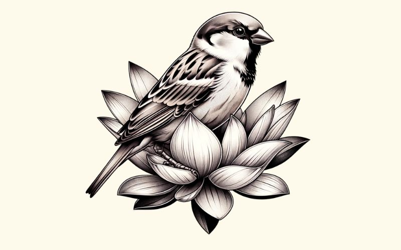 A realism style sparrow on flower tattoo design.