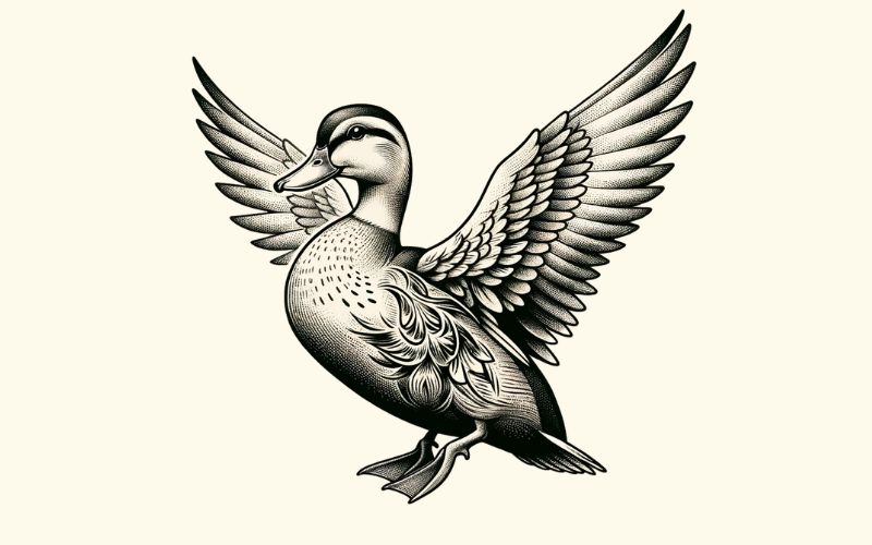 Um desenho de tatuagem de pato em estilo realista.