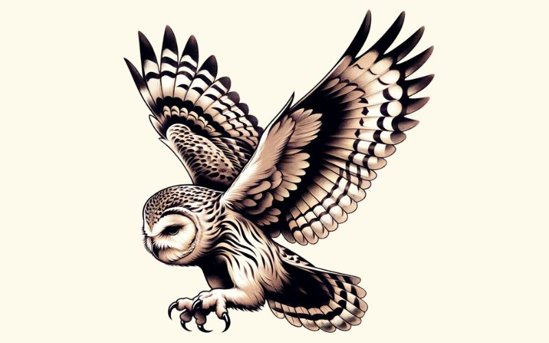 A realism style owl in flight tattoo design. 