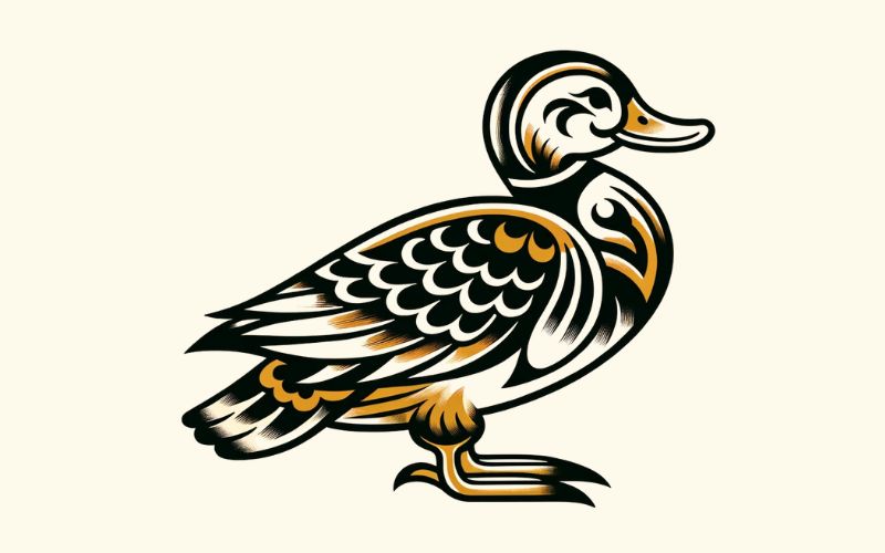 Un dessin de tatouage de canard de style traditionnel.