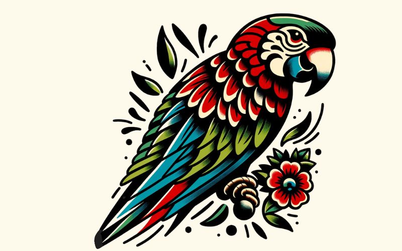 Um desenho de tatuagem de papagaio em estilo tradicional.