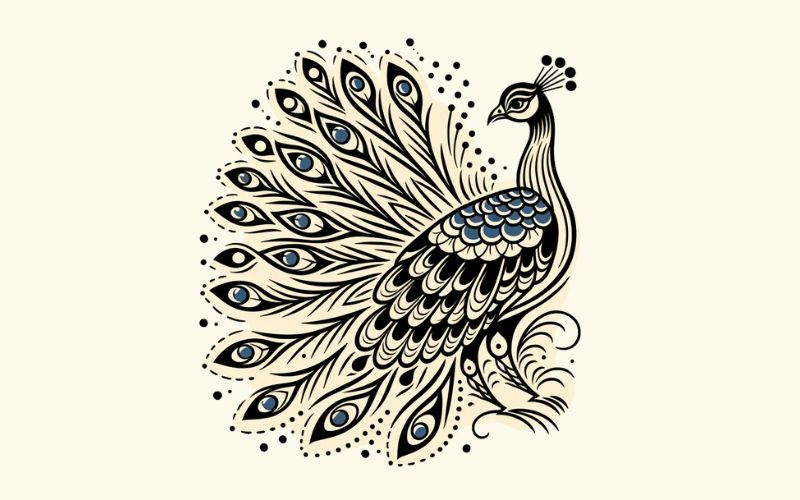 Um desenho de tatuagem de pavão em estilo tradicional.  