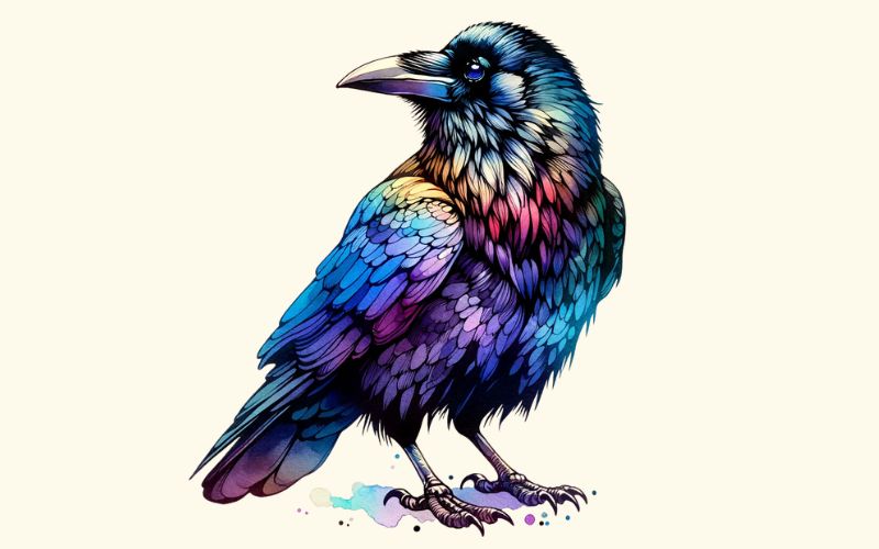 A watercolor style crow tattoo design.