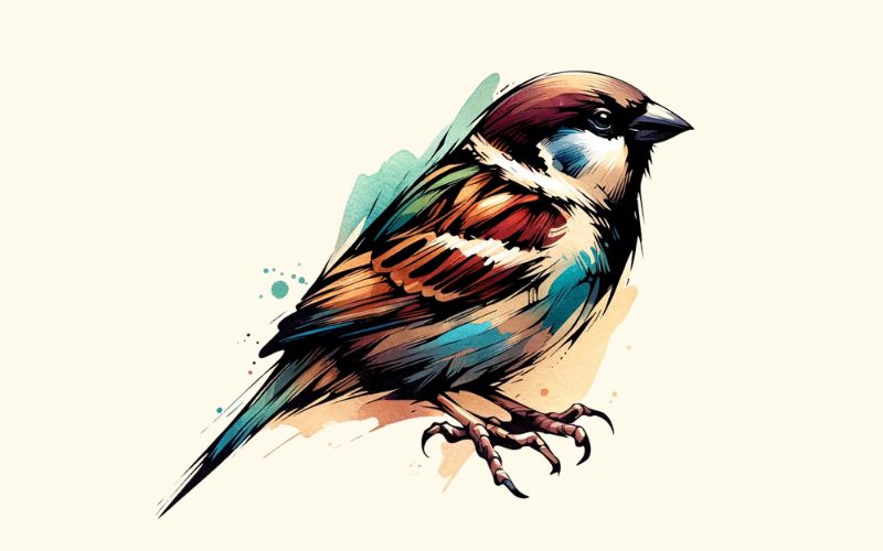 A watercolor style sparrow tattoo design.