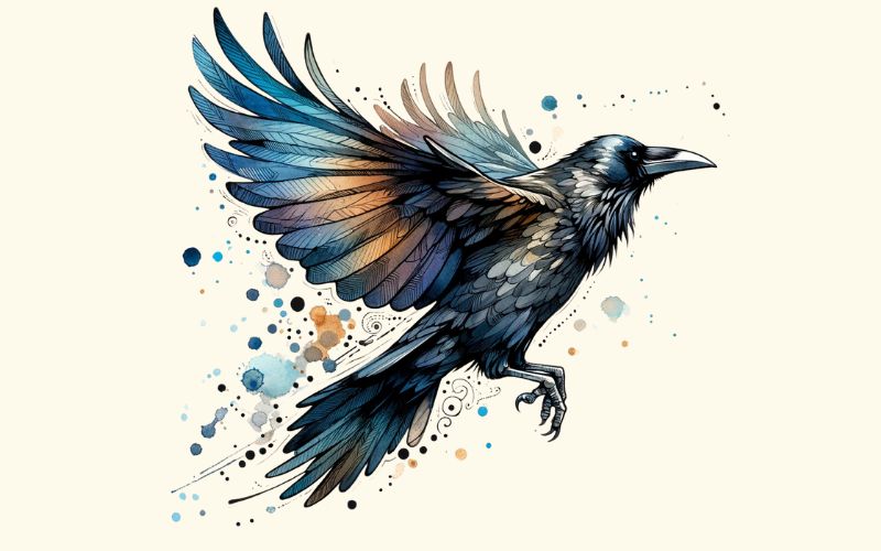 A watercolor style crow tattoo design.
