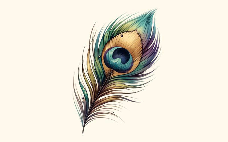 A watercolor style peacock feather tattoo design. 