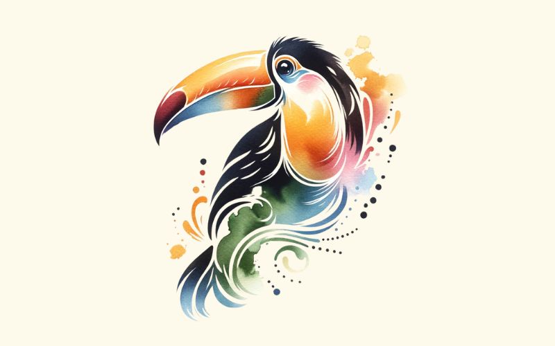 Un dessin de tatouage de toucan de style aquarelle.