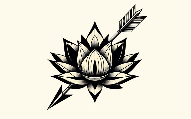 A blackwork style lotus arrow tattoo design. 