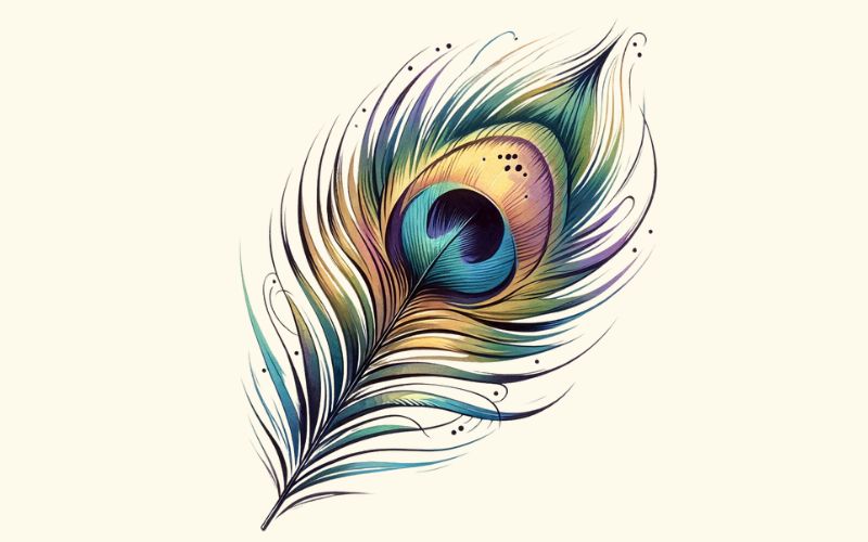A watercolor style peacock feather tattoo design. 