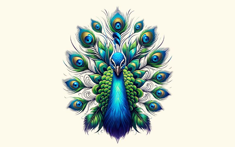 Um desenho de tatuagem de pavão em estilo realista.  