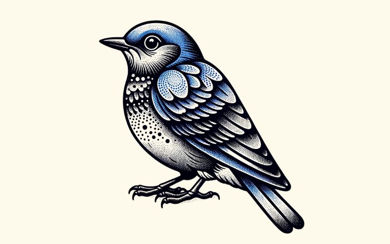 Um desenho de tatuagem de pássaro azul no estilo dotwork.