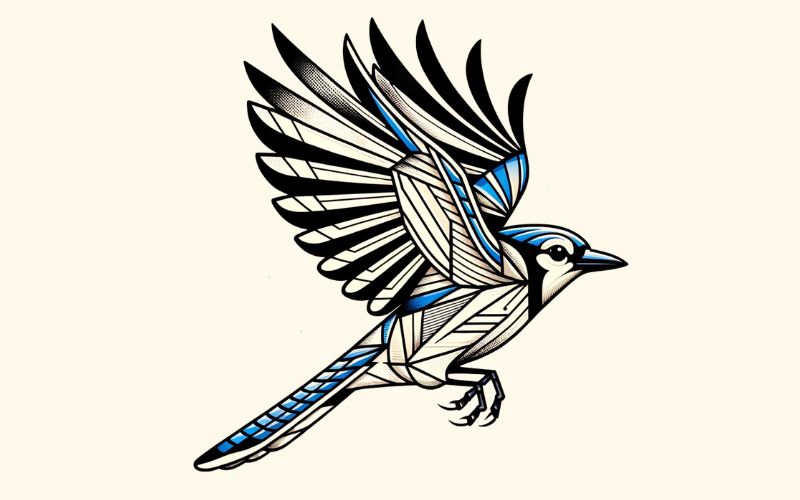 A geometric style blue jay in flight tattoo design.