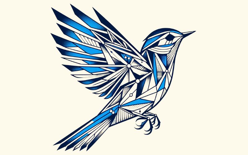 Um desenho de tatuagem de pássaro azul em estilo geométrico.