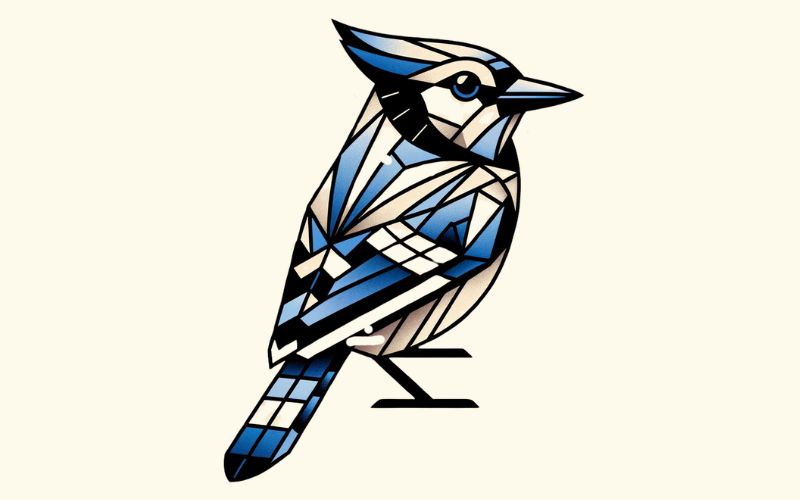 A geometric style blue jay tattoo design.