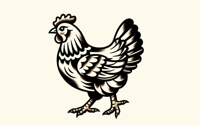 Un diseño de tatuaje de pollo al estilo de la vieja escuela.  