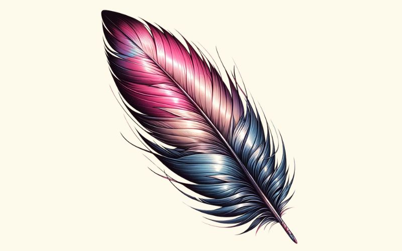 Um desenho de tatuagem de pena rosa e roxa em estilo realista.