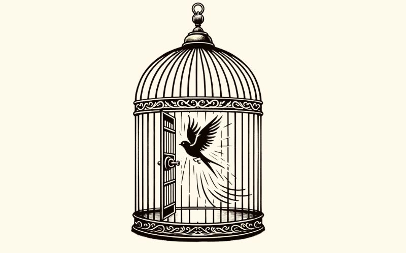 A realism style birdcage tattoo design with an open door.
