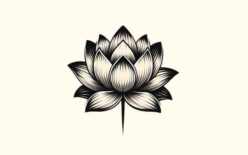 A realism style, small black lotus tattoo design. 